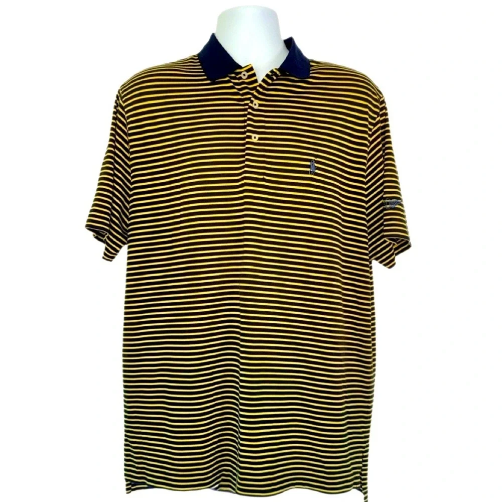 Polo Golf Ralph Lauren Performance Polo Yellow Navy Stripe Winged Logo Men’s L